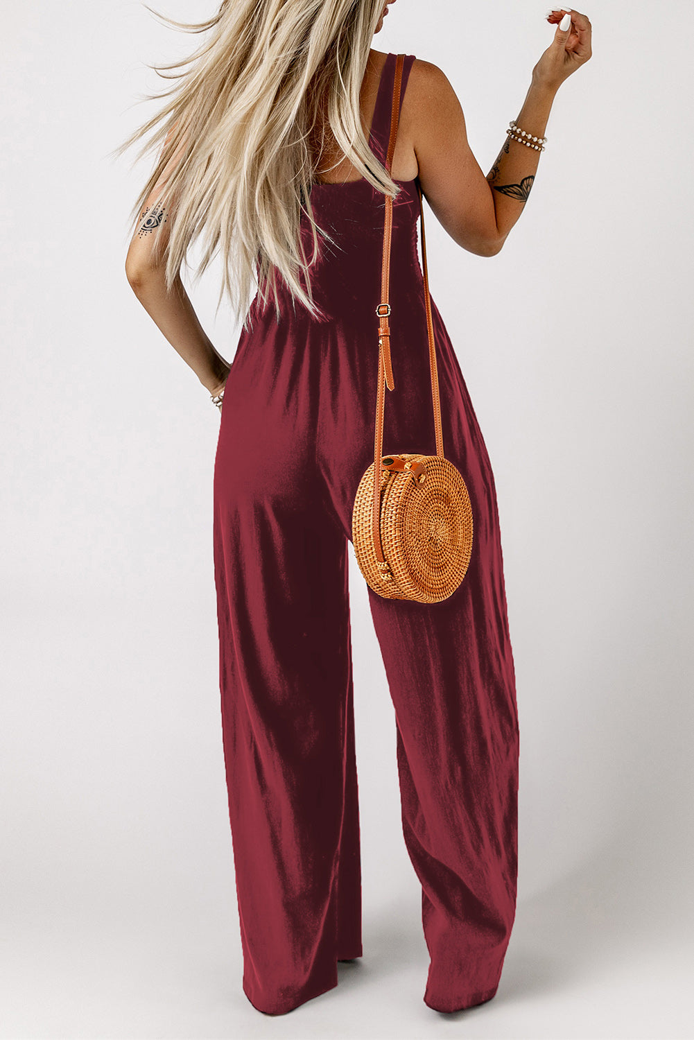 Smocked Square Neck Wide Leg Jumpsuit with Pockets